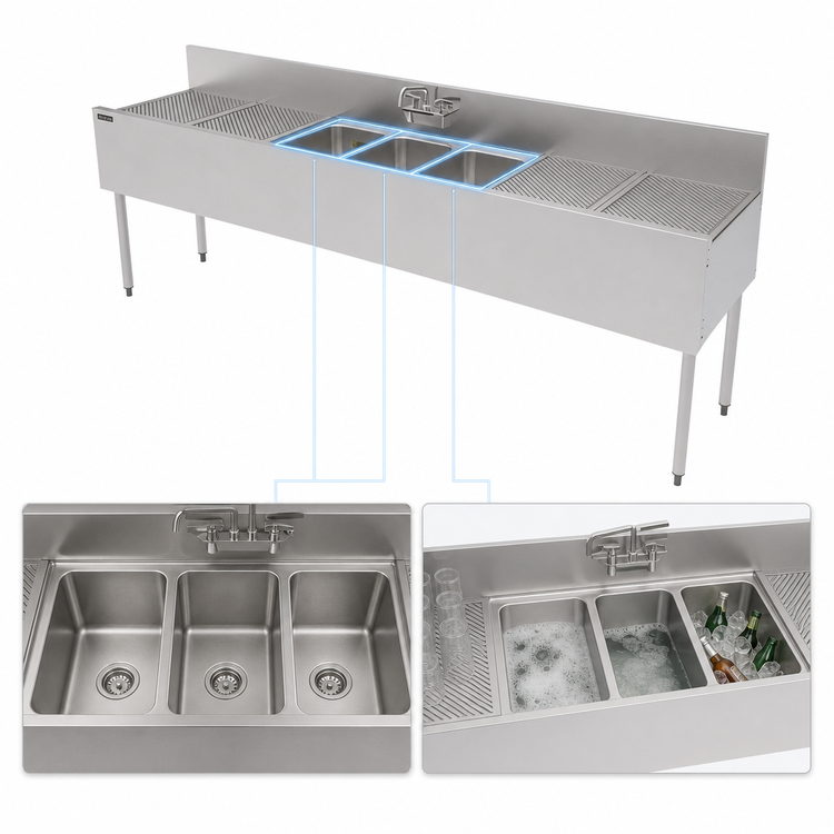 Product image #4 for Top Shelf TS Series 96-Inch Stainless Steel Underbar Triple-Compartment Sink Unit with Dual Drainboards