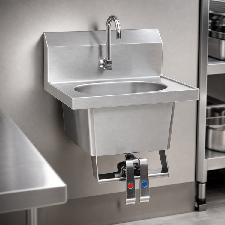 Product image #3 for Eagle Group 304 Stainless Steel Wall-Mounted Knee Pedal Hand Sink with Splash-Mount Gooseneck Spout, Skirt, and Basket Drain