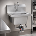 Thumbnail image #3 for Eagle Group 304 Stainless Steel Wall-Mounted Knee Pedal Hand Sink with Splash-Mount Gooseneck Spout, Skirt, and Basket Drain
