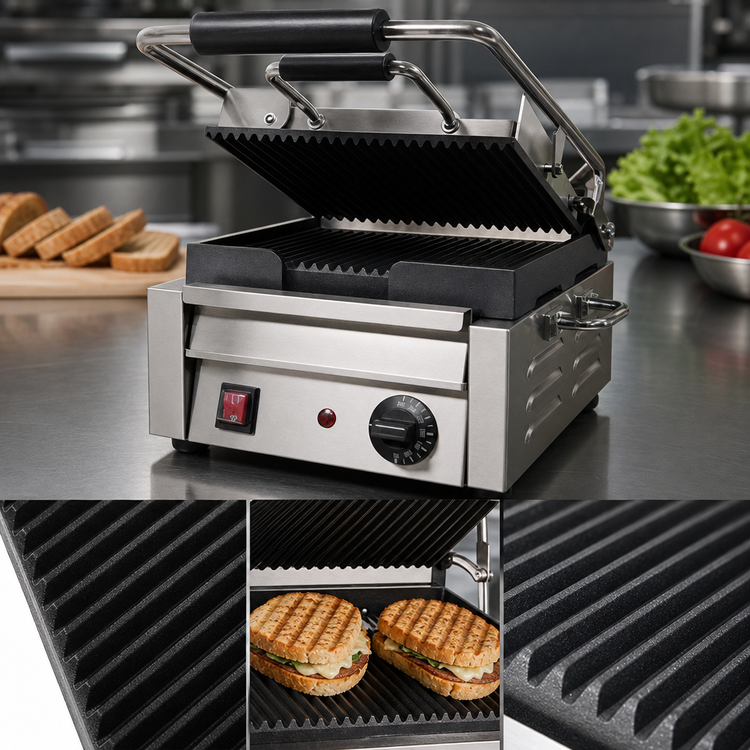 Product image #3 for Omcan USA Single Commercial Panini Press with Grooved Cast Iron Plates, 10 x 11 Inch Cooking Surface, 120V
