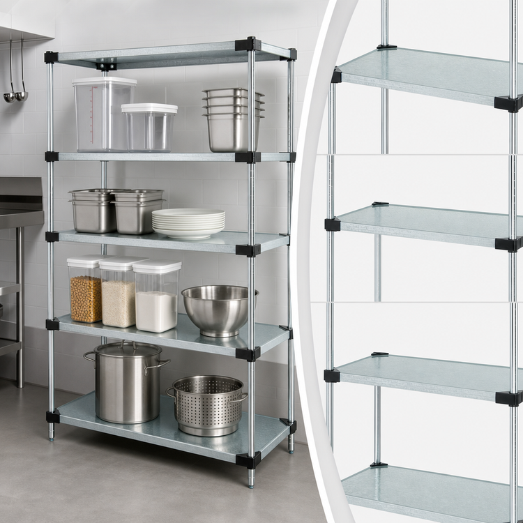 Product image #3 for Quantum Solid Shelving Starter Kit, 72W x 12D x 86H, 4 Shelves, Galvanized Steel Shelves with Chrome Posts