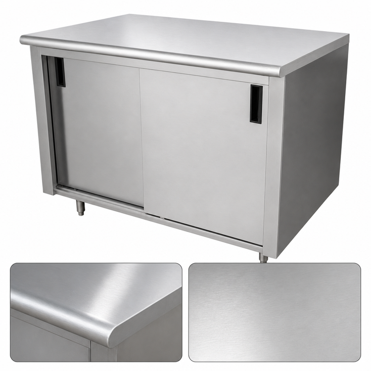 Product image #3 for Advance Tabco Special Value Economy 48" x 30" Enclosed Work Table with Cabinet Base and Sliding Doors, 16 Gauge 304 Stainless Steel Top