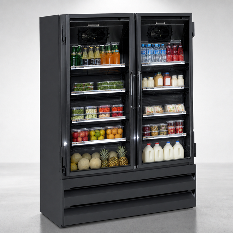Product image #4 for Howard-McCray Two-Section Glass Door Reach-In Refrigerator Merchandiser, Bottom Mount, 48 Cu. Ft., Black