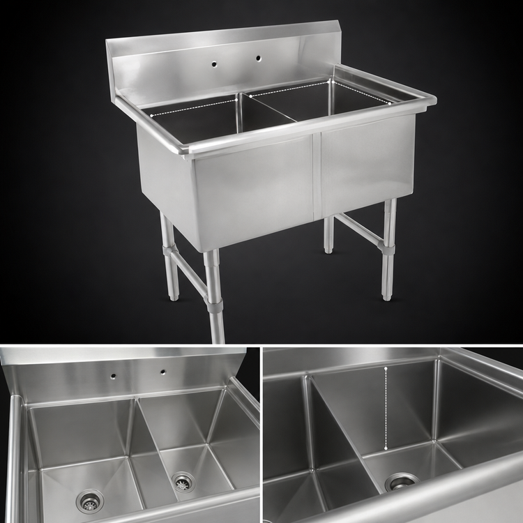 Product image #3 for John Boos B-Series 2-Compartment Stainless Steel Sink with 10-Inch Backsplash, 37-1/8"W x 25-1/2"D x 44"H