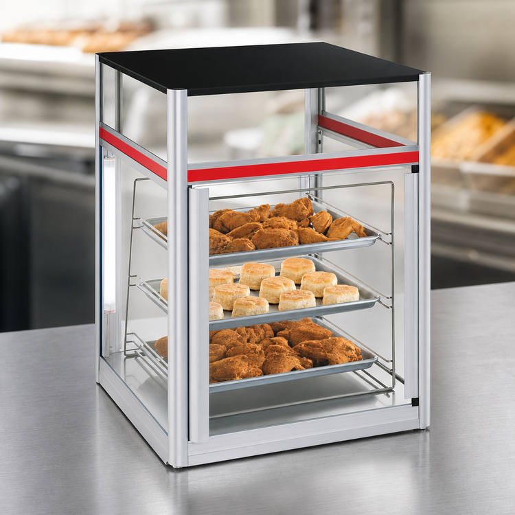 Product image #3 for Hatco Flav-R-Savor 2-Door Countertop Hot Food Holding and Display Cabinet with Stationary 3-Tier Pan Rack, No Motor