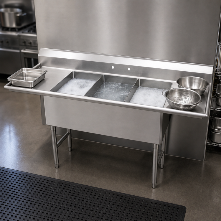 Product image #3 for Advance Tabco 3-Compartment Fabricated Sink with 24" Left & Right Drainboards, 20" x 28" Bowls, 14-Gauge 304 Stainless Steel