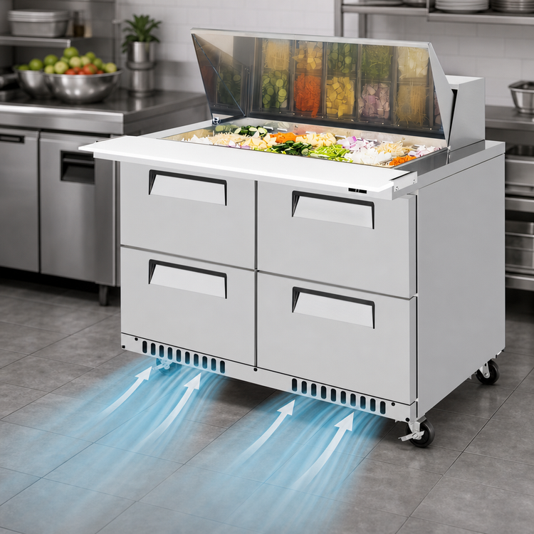 Product image #3 for Turbo Air Super Deluxe Two-Section Front-Breathing Sandwich/Salad Mega Top Prep Table with 4 Drawers, 48.25 Inches Wide