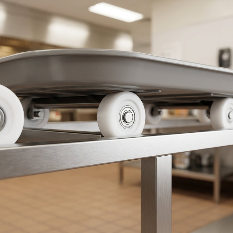 Product image #2 for Dinex DXIESSW20 20-Foot Non-Powered Stainless Steel Skate Wheel Tray Make-Up Conveyor