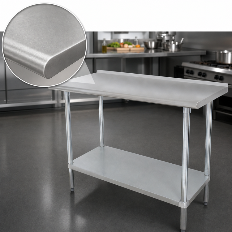 Product image #3 for Advance Tabco 144 Inch x 36 Inch Stainless Steel Work Table with 16-Gauge 304 Top, Adjustable Undershelf, and 1-1/2 Inch Rear Up-Turn