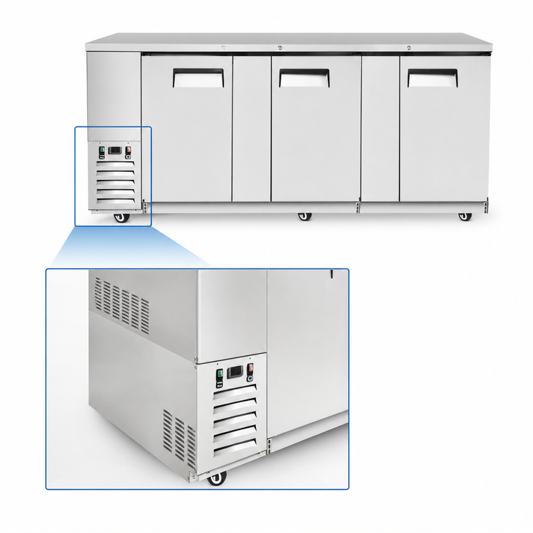 Product image #4 for Atosa Three-Section Back Bar Cooler with Self-Contained Side-Mount Refrigeration and Solid Locking Doors, 30.1 Cu. Ft.