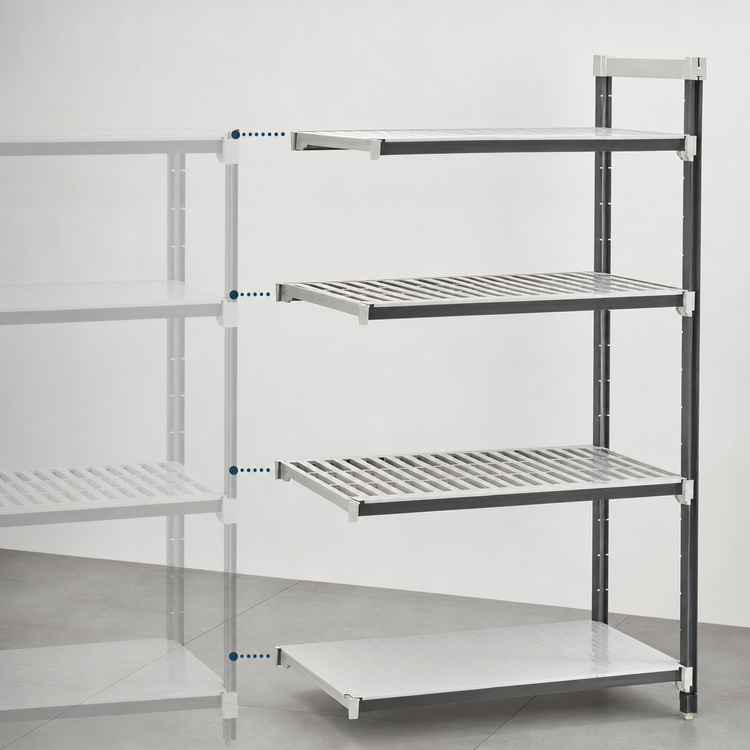 Product image #3 for Cambro Camshelving Elements XTRA Stationary Add-On Polymer Shelving Unit, 48"W x 21"D x 72"H, 4-Shelf, Vented & Solid, Speckled Gray