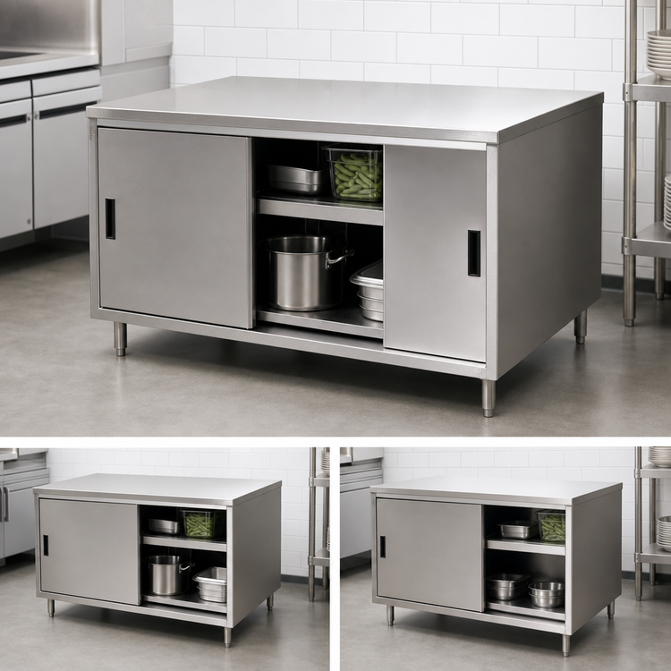 Product image #3 for BK Resources Dual Access Chef Table Cabinet Base Enclosed Work Table with Sliding Doors on Both Sides, 48 x 30 x 34-3/4 Inches, 304 Stainless Steel
