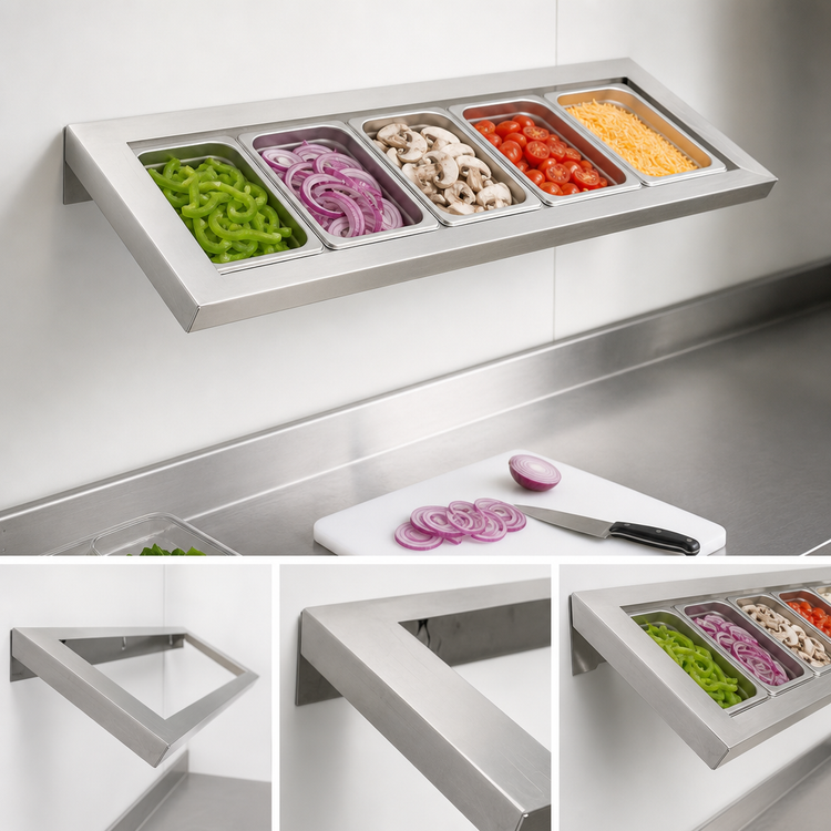 Product image #4 for BK Resources 36-Inch Wall-Mount Angled Ingredient Shelf for (5) 1/6 Pans