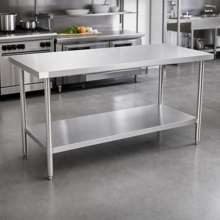 Product image #3 for Klinger's Trading 60" x 30" Stainless Steel Work Table with 18-Gauge 18/430 Top, Undershelf, and Adjustable Bullet Feet