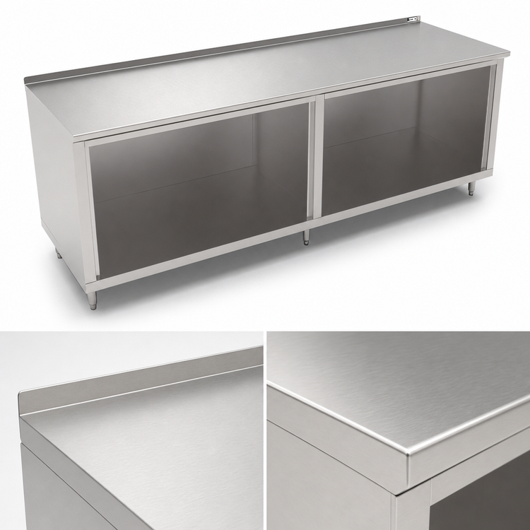 Product image #3 for 132 x 30 Inch Open Front Cabinet Base Work Table with 16-Gauge 300 Series Stainless Steel Top and 1-1/2 Inch Rear Riser