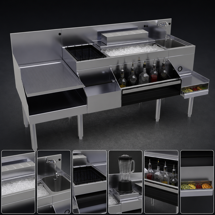 Product image #3 for Glastender 66-Inch All-In-One Underbar Ice Bin Cocktail Station with 10-Circuit Cold Plate, Blender Shelf, Sink, and Speed Rail