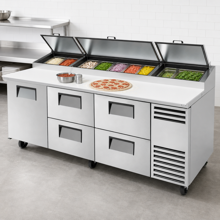 Product image #3 for True 93.5-Inch Self-Contained Refrigerated Pizza Prep Table with 1 Door and 4 Drawers