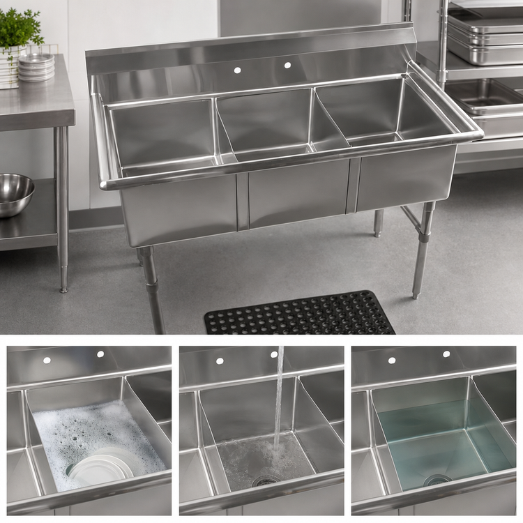 Product image #3 for Klinger's Trading Heavy Duty 3-Compartment Stainless Steel Sink Without Drainboards, 53 Inch