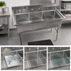 Thumbnail image #3 for Klinger's Trading ECS3 53-Inch 3-Compartment 18-Gauge Stainless Steel Sink, No Drainboards, 9-Inch Backsplash