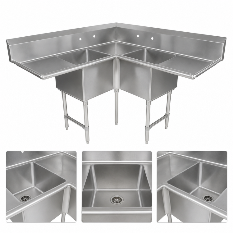 Product image #3 for John Boos Pro-Bowl 3-Compartment Corner Sink with Dual Drainboards, 70-1/2" x 70-1/2"