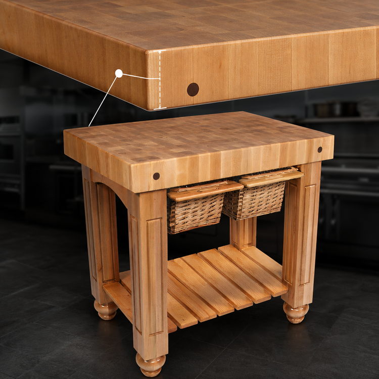 Product image #4 for John Boos American Heritage Gathering Block II 36 x 24 x 36-Inch End Grain Maple Butcher Block Work Table with 2 Wicker Baskets