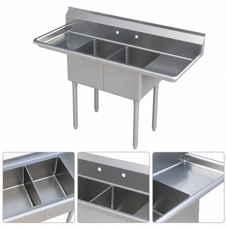 Product image #3 for 68-Inch 2-Compartment Stainless Steel Sink with Left and Right Drainboards