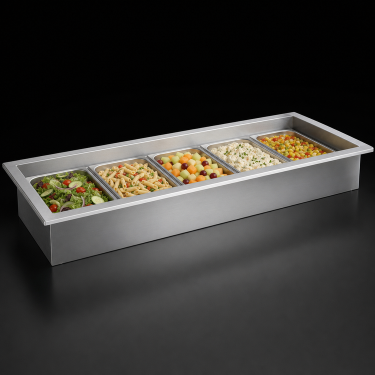 Product image #3 for Randell 5-Pan Drop-In Iced Cold Food Well with Stainless Steel Interior, 71-1/4" x 26"