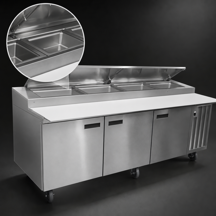 Product image #3 for Delfield LiquiTec 99-Inch Three-Section Self-Contained Refrigerated Pizza Prep Table with Raised Rail