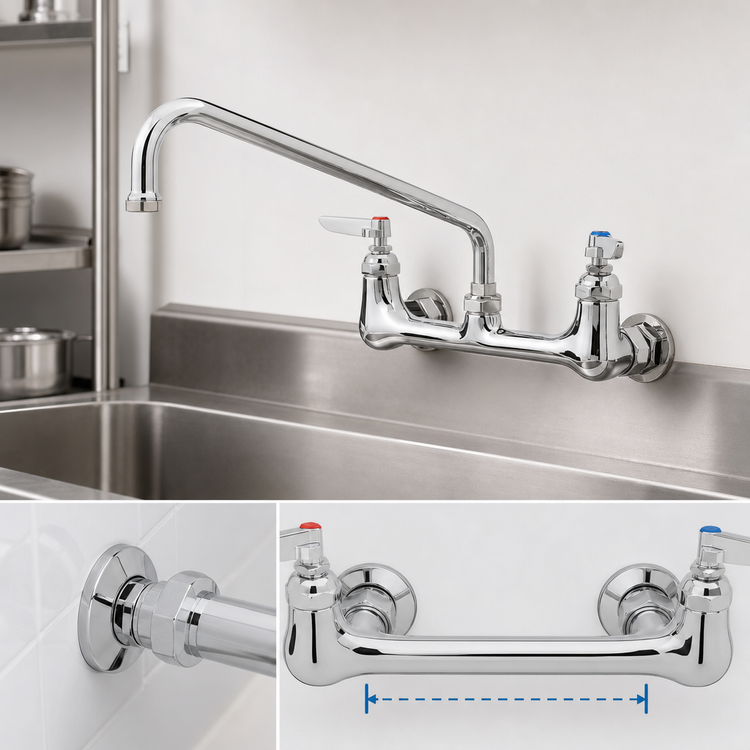 Product image #3 for T&S Brass Double Pantry Wall-Mount Mixing Faucet with 12-Inch Swing Nozzle and 8-Inch Centers