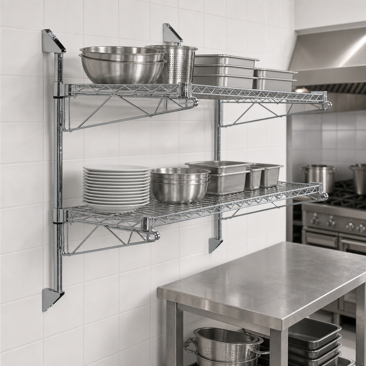 Product image #3 for Quantum Cantilever Double-Shelf Wall-Mount Wire Shelving Unit, 54 x 21 Inches, Chrome Plated