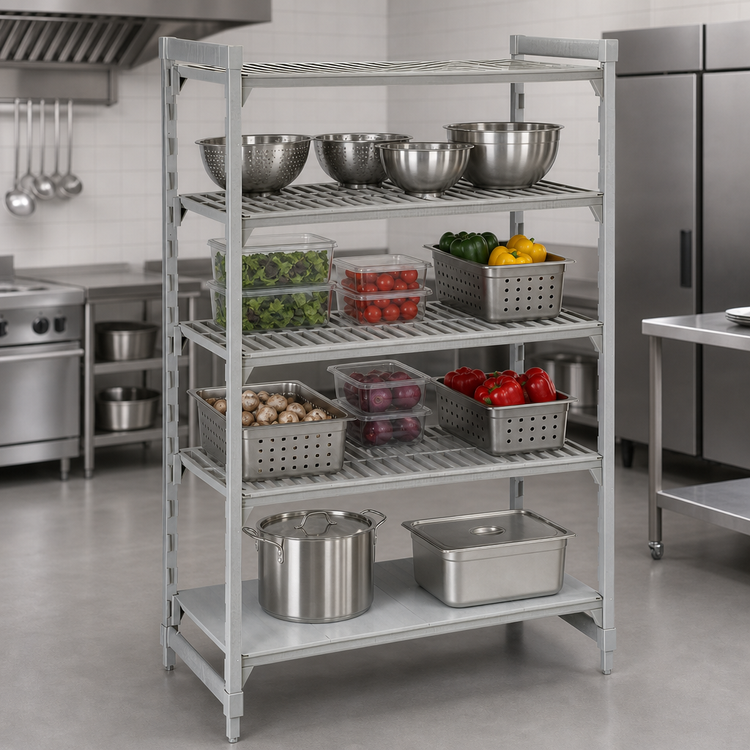 Product image #4 for Cambro Camshelving Premium 4-Tier Stationary Starter Unit, 24 x 36 x 84 Inch, 3 Vented Shelves and 1 Solid Shelf, Speckled Gray