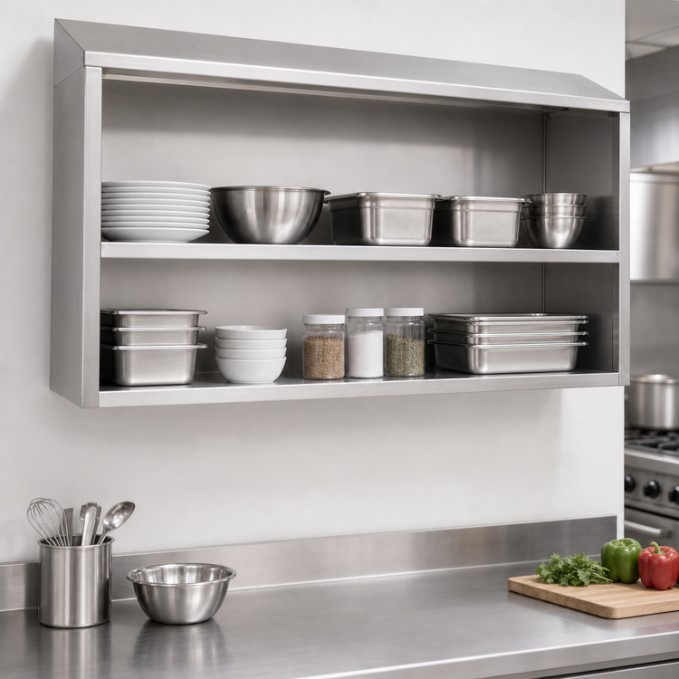 Product image #3 for 72-Inch Open Front Wall Mount Stainless Steel Cabinet with Sloped Top