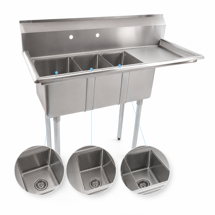 Product image #3 for Omcan USA Three-Compartment Space Saver Sink with 16-Inch Right Drain Board