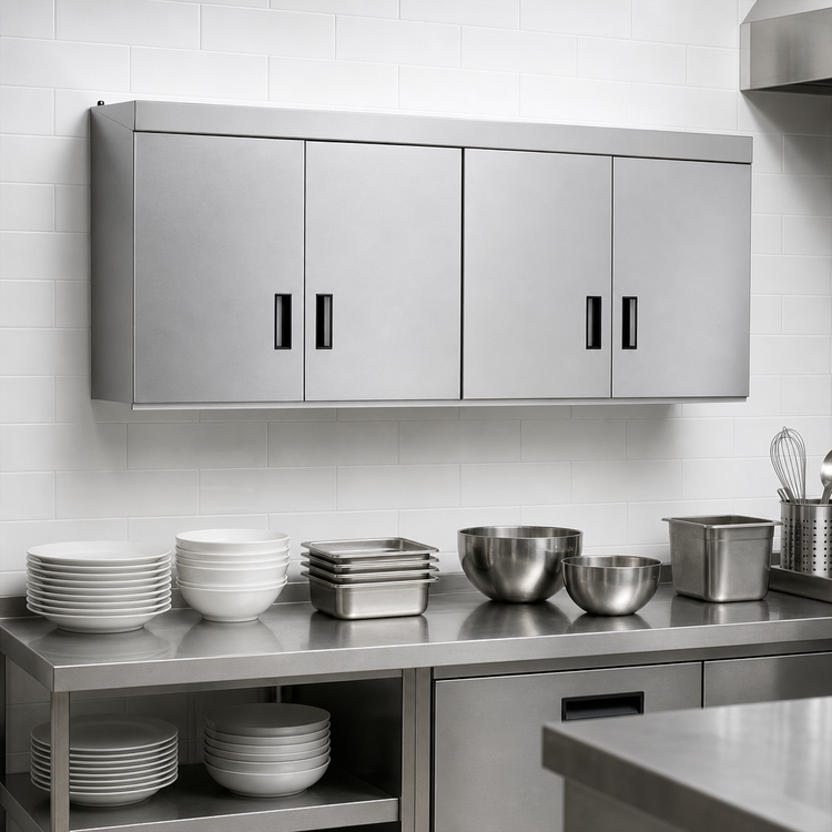 Product image #3 for Advance Tabco Wall-Mounted Enclosed Stainless Steel Storage Cabinet with 4 Hinged Doors and Shelf, 72W x 15D