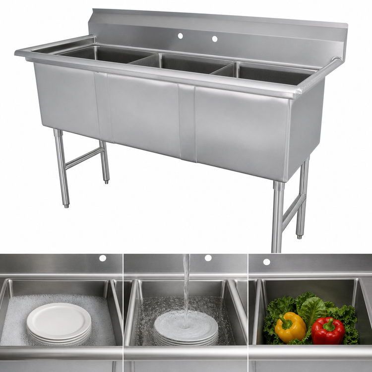 Product image #3 for Advance Tabco 3-Compartment Fabricated Sink with Legs, 15 x 24 x 14-Inch Bowls