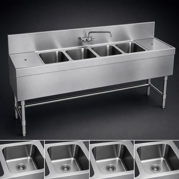 Product image #3 for Spec-Bar 66-Inch Four-Compartment Underbar Sink Unit with Left Drainboard and Faucet