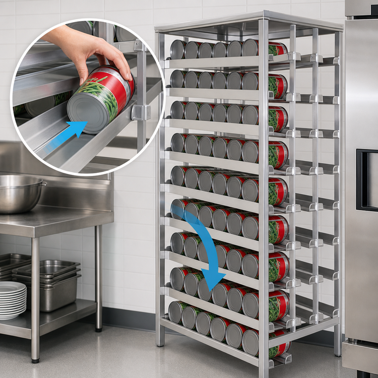 Product image #3 for New Age First In, First Out Stationary #10 Can Rack with Sloped Glides, 156-Can Capacity