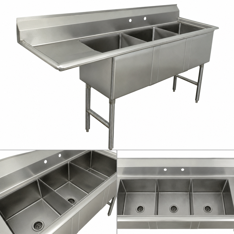 Product image #3 for Advance Tabco Commercial 3-Compartment Fabricated Sink with 18-Inch Left Drainboard