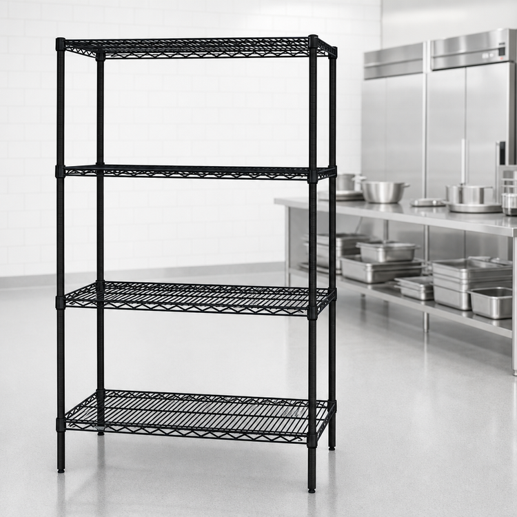 Product image #3 for Quantum Wire Shelving Starter Kit, 60"W x 36"D x 74"H, 4 Shelves, Black Epoxy Antimicrobial Finish