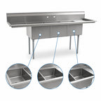 Thumbnail image #3 for Eagle Group BlendPort® BPS-1854-3-FE 3-Compartment Stainless Steel Sink, 59"W, 18" x 18" Bowls, 12" Deep, Legs, No Drainboards