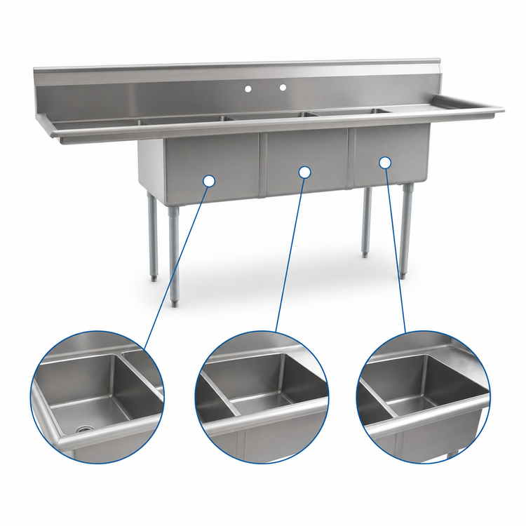 Product image #3 for Eagle Group BlendPort BPFE Series 59-Inch Wide 3-Compartment Sink, 18" x 18" Bowls, 12" Deep, With Legs