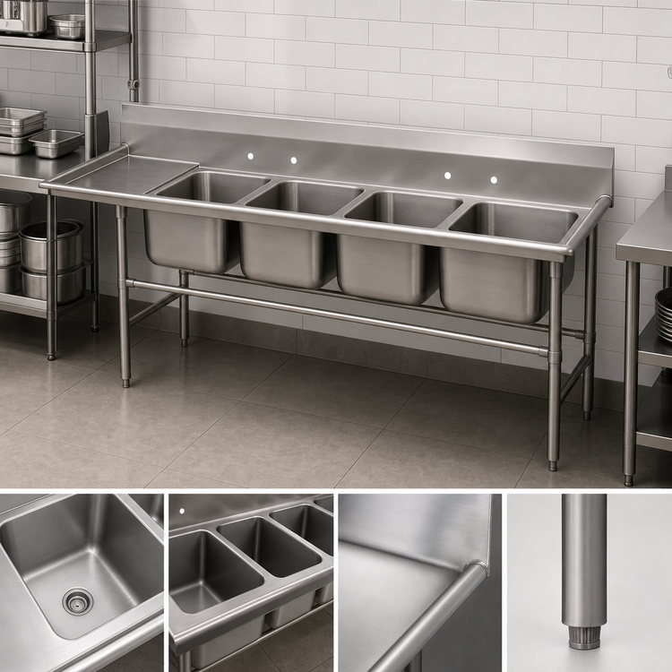 Product image #3 for Advance Tabco Regaline 4-Compartment Commercial Sink with Left-Hand Drainboard, 20 x 20 Inch Bowls, 14 Gauge 304 Stainless Steel