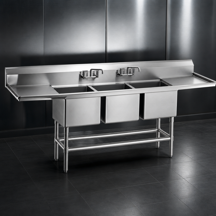 Product image #3 for Spec-Master FN Series 114"W Three-Compartment Stainless Steel Sink with Dual 18" Drainboards