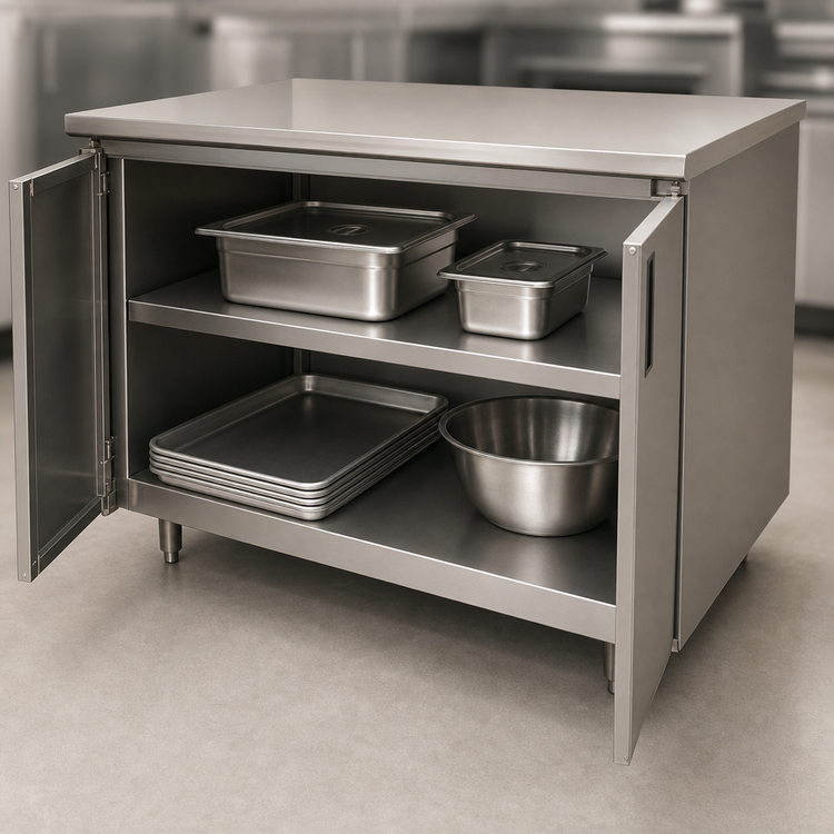 Product image #3 for Advance Tabco Special Value Economy Enclosed Work Table with Cabinet Base, Mid-Shelf, Hinged Doors, 48 x 30 Inch, 16 Gauge 304 Stainless Steel Top