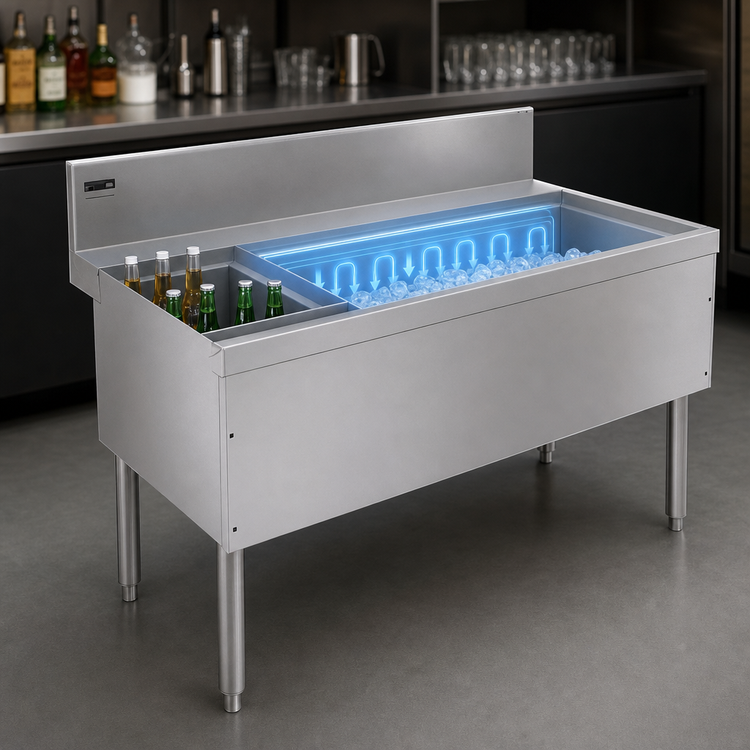 Product image #3 for Advance Tabco Prestige 36 Inch Stainless Steel Bar Ice Bin with 10-Circuit Cold Plate and Left Bottle Rack