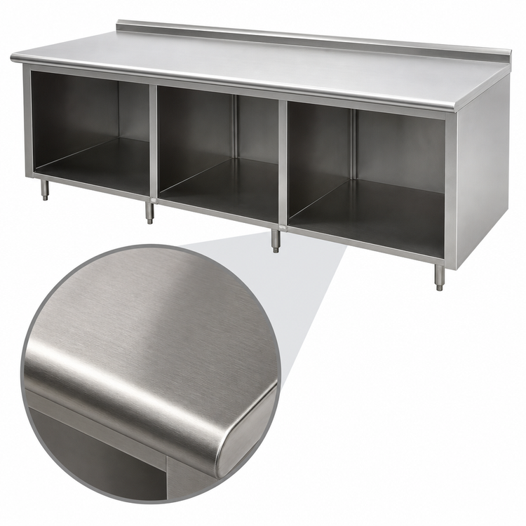 Product image #3 for Advance Tabco 108-Inch x 30-Inch 14-Gauge 304 Stainless Steel Work Table with Open Front Cabinet Base and 1-1/2-Inch Rear Up-Turn