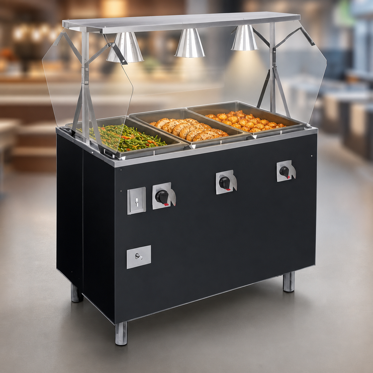 Product image #3 for Vollrath 2-Series Affordable Portable Deluxe 4-Well Mobile Hot Food Station with Buffet-Style Breath Guard and Storage Base