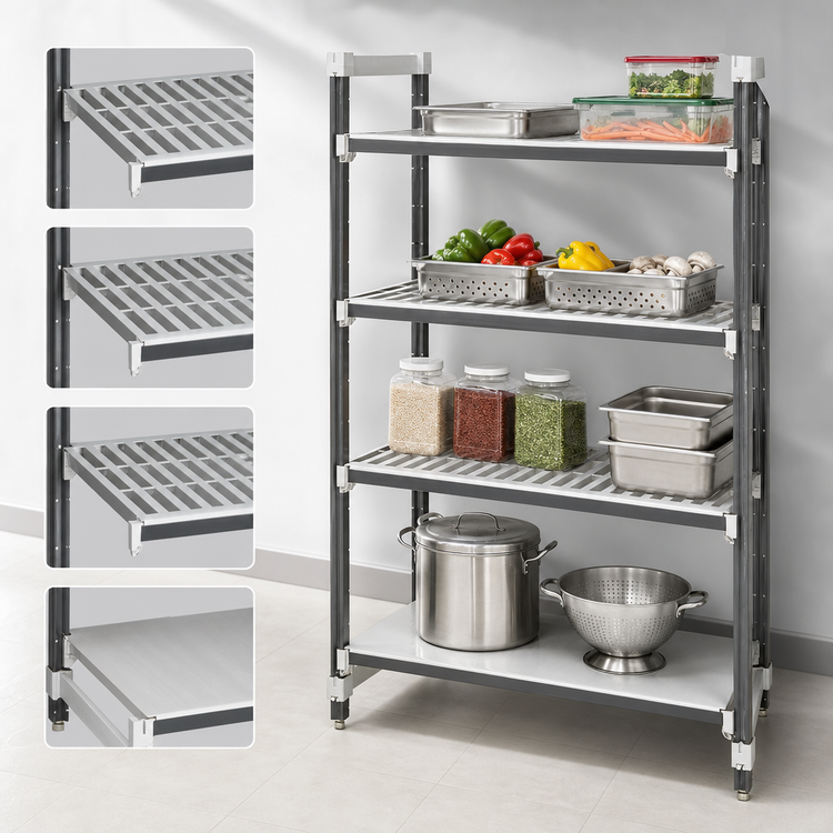 Product image #3 for Cambro Camshelving Elements XTRA Stationary Starter Unit, 18 x 30 x 72 Inches, 4-Tier Polymer Shelving, Speckled Gray