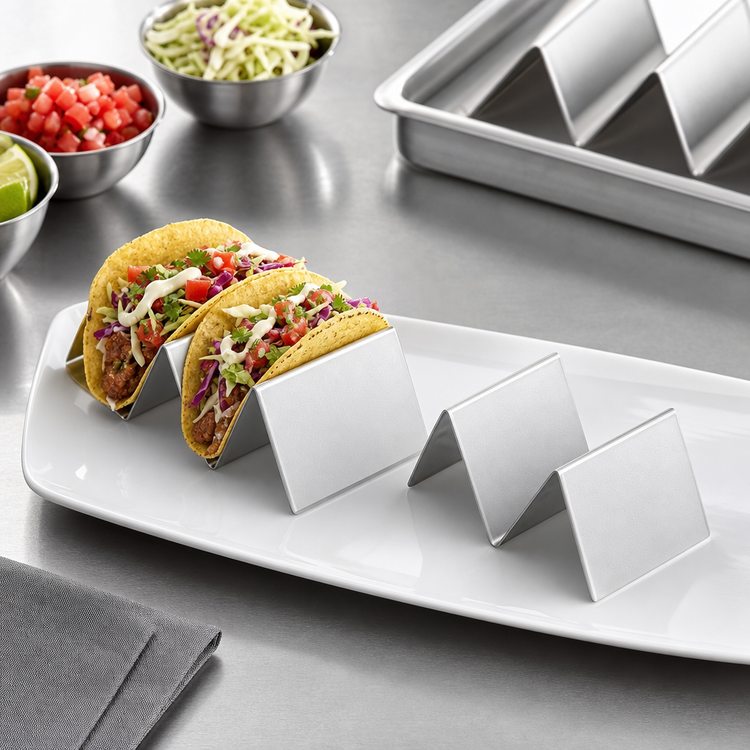 Product image #3 for Half-Size Brushed Stainless Steel Taco Holder, 1 or 2 Compartments