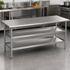 Thumbnail image #4 for Flash Furniture NH-WT-GU-3072-GG 72-Inch Stainless Steel Work Table, 18-Gauge Flat Top, 2 Undershelves, 30-Inch Deep